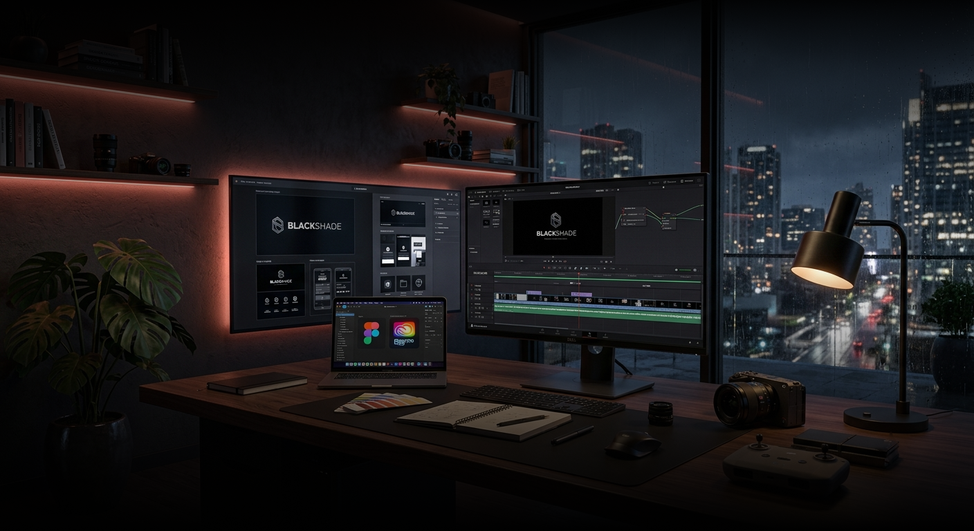 BlackShade creative studio workspace with monitors and city skyline